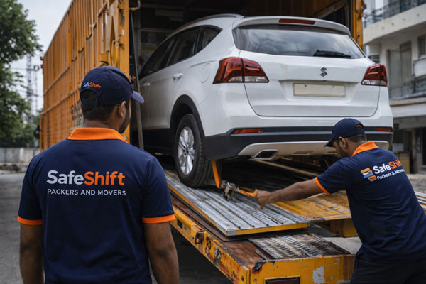 Car transport service in Aurangabad — vehicle loaded on enclosed carrier truck